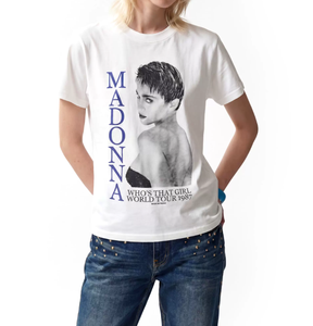 Summer Loose American-style Trendy Short-Sleeve <strong>T</strong>-<strong>Shirt</strong> with Washed Distressed Finish &amp; Classic <strong>MADONNA</strong> Logo Print - Product Image 3