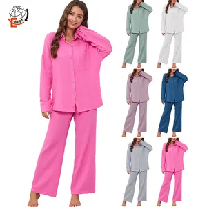 Manufacturers Custom Luxury Fall Linen Bamboo Cotton Modal 2 Piece Clothing Couple Pajamas Suit Pyjamas Pj Set For Women Men