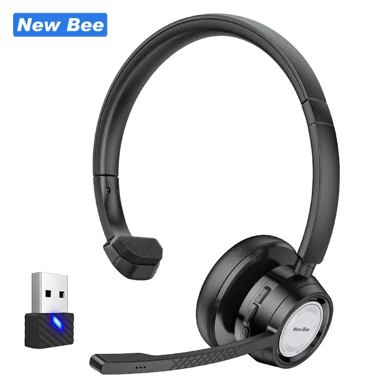 New Bee Professional Trucking Bluetooth Single Ear Headset Noise Cancelling Over Ear Wireless Headphones for Team, Zooms, Skype