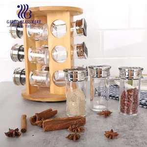 Nice Kitchenware Glass Spice Storage Jar Sets With Wooden Showing Shelf 13 PCS Glass Condiment Spice Bottle Jars With Lid