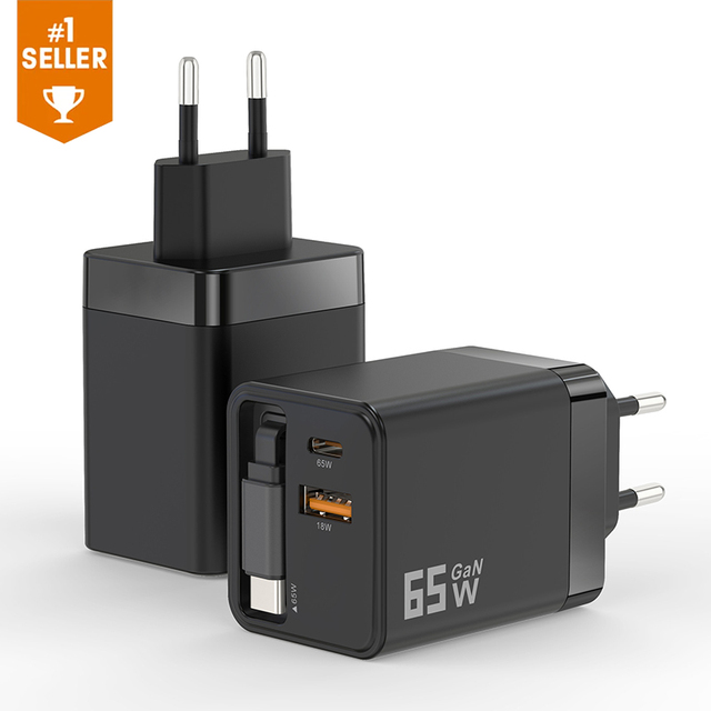 65W GaN Charger PD Fast Charging with Retractable Type-C Cable for IPhone 16 15 14 Xiaomi Laptop Macbook Phone Charger