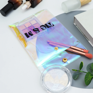 Flap Makeup Cosmetic Jewelry Packaging PVC Bags Custom Laser PVC Holographic Plastic <b>Envelope</b> Pouch with Metal Button - Product Image 6