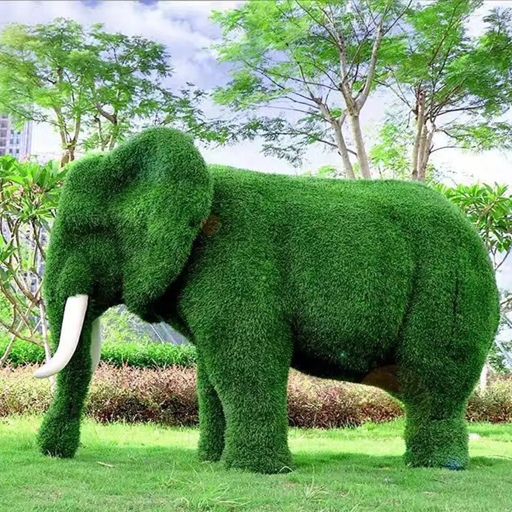 Estatua de resina decorativa para exteriores, estatua de elefante de fibra de vidrio, plantas verdes, para patio y jardín