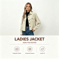 Jaket Kemeja Wanita Bahan Poliester Warna Putih Gading Kancing Depan Kerah Runcing Saku Dada Berpenutup Kancing Motif Cangkang Kura-kura Model Crop Boxy Lengan Panjang