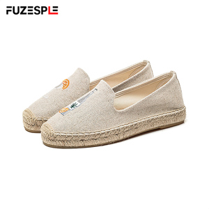 Espadrilles brodées tendance pour femme, en lin beige, semelle en jute, mocassins décontractés polyvalents, chaussures de vacances en bord de mer - Product Image 1