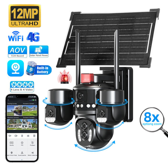 12MP 5Lens 4 Screen AOV 24/7 Recording 4G Wifi Solar Panel 3PTZ 8X Optical Zoom Full-Color Night Vision Outdoor AI Cctv Camera