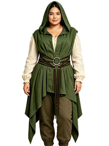Abito Medievale con Cappuccio per Donne, Tunica Rinascimentale Irregolare con Cintura Larga, <span class=keywords><strong>Costume</strong></span> da Elfo Arciere <span class=keywords><strong>Robin</strong></span> Hood per Halloween - Product Image 3