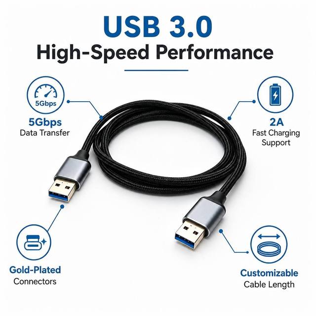 USB 3.0 Type a Male Braid Shielded Cable TPE Jacket Aluminum Alloy Core 3A Fast Charging 5Gbps SuperSpeed Data Transfer