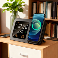 Multifunctionele draadloze oplader Draadloos opladen Telefoonstandaard met vochtigheid/temperatuur/kalender