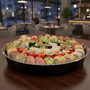 [60ct] 14.8 PET Sushi <b>Tray</b> with Lid Round <b>Black</b> - Product Image 2