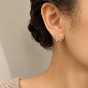 Orecchini a perno con catena a farfalla e nappine per donna, eleganti, dolci, delicati, gioielli alla moda - Product Image 2