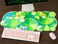 Tapis de bureau grand format motif feuille de lotus mignon style dessin animé, tapis de souris gaming Kawaii à motif de plante verte, tapis de bureau de forme irrégulière