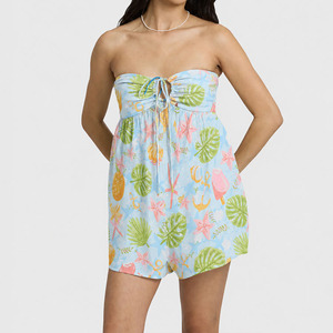 Jumpsuits plisados sin tirantes con estampado playero de verano al por mayor, personalizados, transpirables, de algodón y lino, estilo Aloha. - Product Image 3