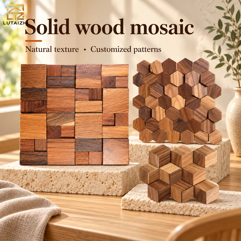 Square Water Clock Solid Wood Mosaic Tiles 3D Square Chips Matte Water Resistant Eco ...