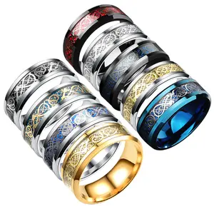 Anillos de tungsteno de acero inoxidable para hombre, Anillo con incrustaciones de dragón negro de fibra de carbono, venta al por mayor, barato