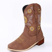 Bottes d'hiver avec Logo personnalisé brodé, bottes occidentales à bout carré et à talons épais pour femmes