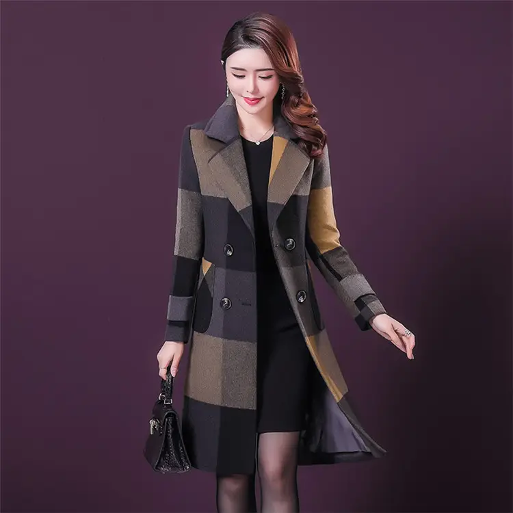 YQ244 free shipping Vintage big lattice middle long loose slim double side wool women autumn winter real wool overcoat coat