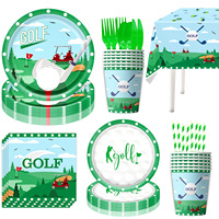 Kit de vaisselle sur le thème du golf pour fête d'anniversaire, décoration verte, assiettes en papier, serviettes, bannière, décoration de gâteau, ballons en latex, toile de fond