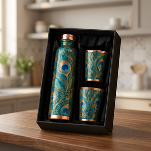Peacock Pattern Copper Ayurvedic Water <b>Bottle</b> Set with 2 Cups Copper Lids Gift Box <b>Vintage</b> Portable Tumbler Set - Product Image 1
