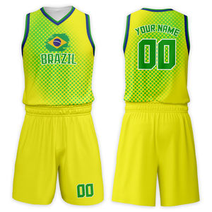 Ensembles de maillots de basket-ball pour enfants personnalisés style drapeau brésilien, respirants, à séchage rapide, antibactériens, sans manches, grande taille, 100% coton - Product Image 1