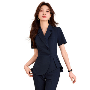 Women's Gray Suit Set Short Sleeve Workwear Polyester Blend Professional Office Wear - Product Image 5