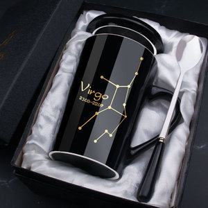 Tasse à café en porcelaine personnalisée avec signe du zodiaque, 12 constellations, mug en céramique avec couvercle et cuillère - Product Image 1