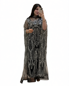 Robe de soirée de luxe haut de gamme en cristal brodé, ornée de perles, longueur ras du sol, coupe trapèze, éco-responsable, col rond, avec soutien-gorge intégré - Product Image 1