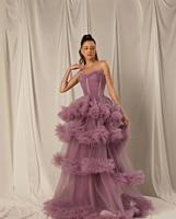 Robes de soirée à volants en tulle bordeaux arabe avec gants Robes de soirée de mariage à bretelles spaghetti roses SF049-1