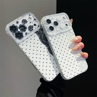 Coque de téléphone de luxe à pois noirs et blancs avec dentelle florale et grande fenêtre, ornée de strass, pour iPhone 17, 18 Pro Max, 16, 15