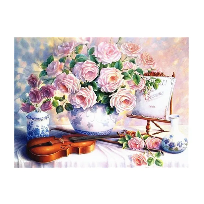 5d Diy elmas taklidi pembe çiçekler tam matkap kare yuvarlak elmas nakış vazo ve keman dekor ev için