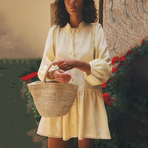 ชุดเดรสลำลองคอจีนจีบระบายสไตล์วินเทจระบายอากาศได้ดีสำหรับใส่ทุกวัน ชุดมินิเดรสสีเหลืองสำหรับผู้หญิง - Product Image 2