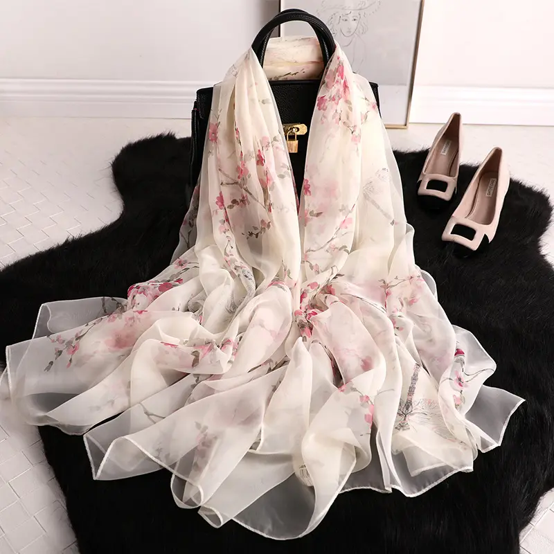 2020 Summer Beach Long Lightweight Chiffon Silk Floral Print Shawl Hijab Scarf Wholesale