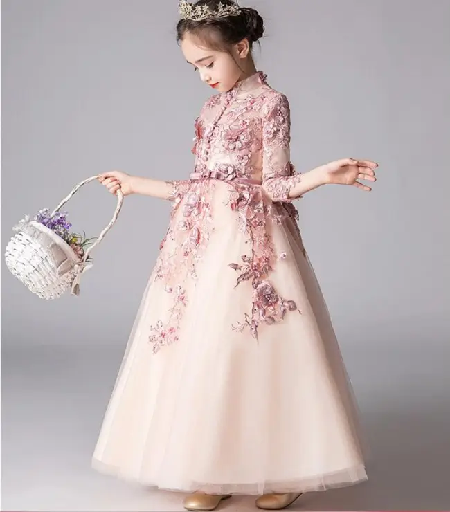 Elegant Embroidery Buttons Girls Flower Dresses Long Sleeves Buttons Girls Flower Dresses