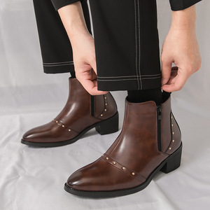 Botas de cuero de tacón alto con punta para hombre 2026, con cremallera, formales, informales, de caña alta, botines, tallas grandes, zapatos para hombre - Product Image 3