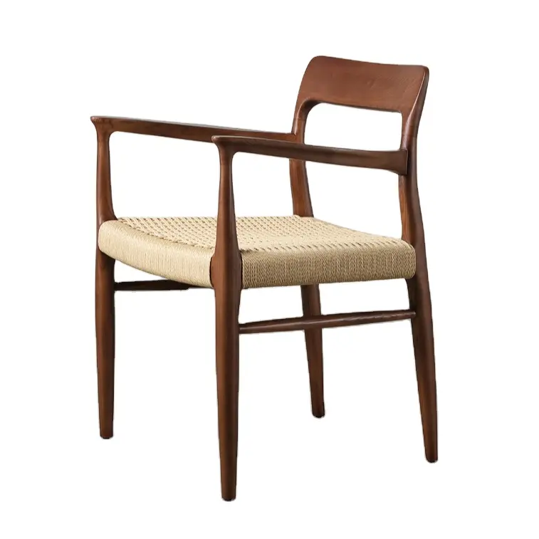 Nordic Modern Restaurant Furniture Armrest Wooden Chair Solid Wood Frame Rattan Seat For Cafe Home Dining Chair