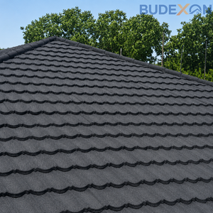 Tuile de toiture métallique revêtue de pierre couleur personnalisée, <span class=keywords><strong>granulés</strong></span> de pierre, anti-vent, anti-rouille, garantie 50 ans pour la construction de villas - Product Image 1