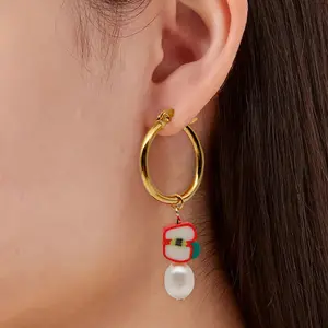 Anting-anting Hoop logam mutiara imitasi manik-manik keramik lembut warna-warni mode baru untuk wanita Aksesori Perhiasan anak perempuan