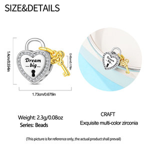 Colgante de llave en forma de corazón, hecho de latón blanco, simboliza la buena suerte y representa una llave y un candado en forma de corazón; joyería con cuentas - Product Image 5