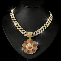 Collier tendance avec pendentif tournesol hip-hop, visage souriant et chaîne cubaine de 15 mm