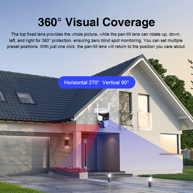 Caméra Surveillance WiFi Extérieure Solaire 4K Double Objectif - 360° PTZ - Panneau Solaire - Vision Nocturne Couleur - BEZOMIZ