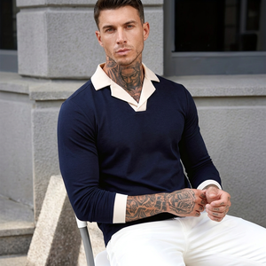 Men's <b>Navy</b> Long Sleeve for Shirt for Collar Cuffs Knitted Cotton Solid Smart Casual Style Anti-Wrinkle Quick Dry Front Logo - Product Image 4