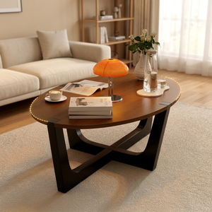 Table basse ovale moderne avec plateau en bois et structure en métal, meubles décoratifs pour salon - Product Image 2