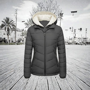 Veste Safari à Capuche en Peau de Mouton à Carreaux Fermeture Éclair Hiver Automne Tissu Double Peigné Fin Blanc - Product Image 3