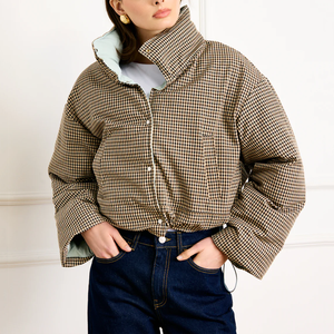 Veste matelassée courte à carreaux <span class=keywords><strong>beige</strong></span> pour femme <span class=keywords><strong>Plaid</strong></span> surdimensionné pour la mode décontractée - Product Image 2