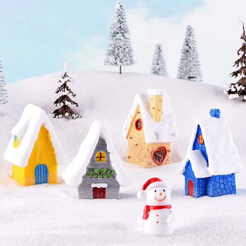 Noel karlı görünüm minyatürleri bebekler reçine ev Mini heykelcik çocuk hediye Mini reçine el sanatları bahçe için sevimli ev dekorasyon