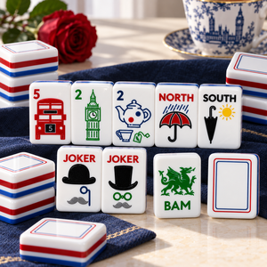 Juego de Mahjong Americano con Fichas Acrílicas de Estilo Británico, Diseño Londinense con Rayas Rojas, Blancas y Azules, para Noches de Juego - Product Image 4