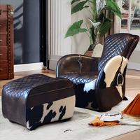 Vintage Distressed Echtleder-Sessel mit Kuhfell-Optik, Hocker und Rautensteppung für Wohnzimmer und Heimtextilien