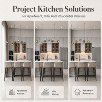 Meubles de cuisine modulaires gris et blancs sur mesure avec vitrine en verre, plans de travail en marbre, évier, robinet et appareils muraux