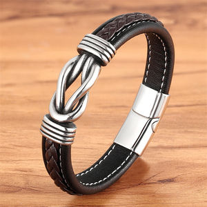 Bracelet en cuir noir et <span class=keywords><strong>bleu</strong></span> pour homme, bijou géométrique en acier inoxydable, tressé à la main avec fermoir magnétique, cadeau idéal - Product Image 5