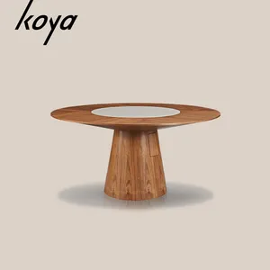 Modern Luxury Walnut Veneer New design home Restaurant Round Dining Table With Center Round Rotating Glass